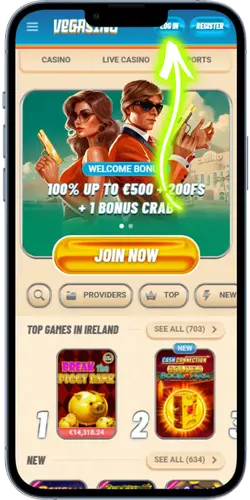 Vegasino button in the top-right corner